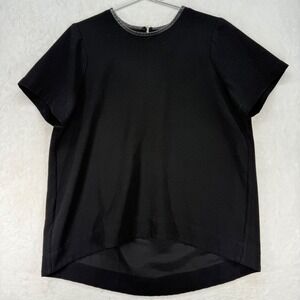 Madewell Black Top Leather Trim Short Sleeve High Low Hem Blouse Size‎ L